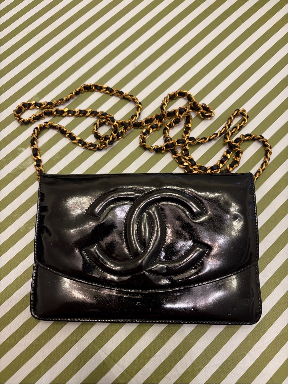 CHANEL Black Patent Leather CC Flap Crossbody with Gold Chain